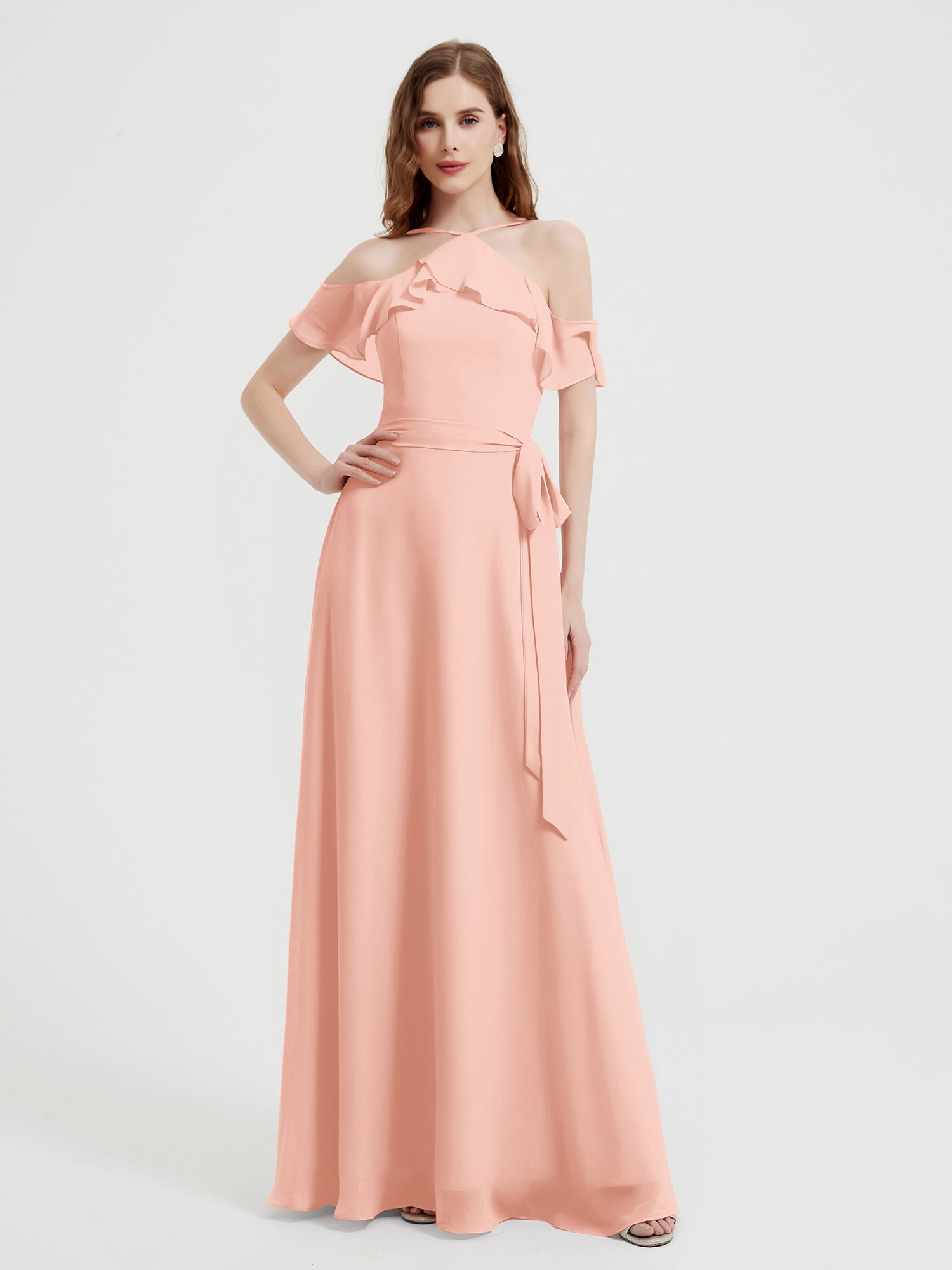 Y Neck Chiffon Dress with Ruffles Sleeves Coral